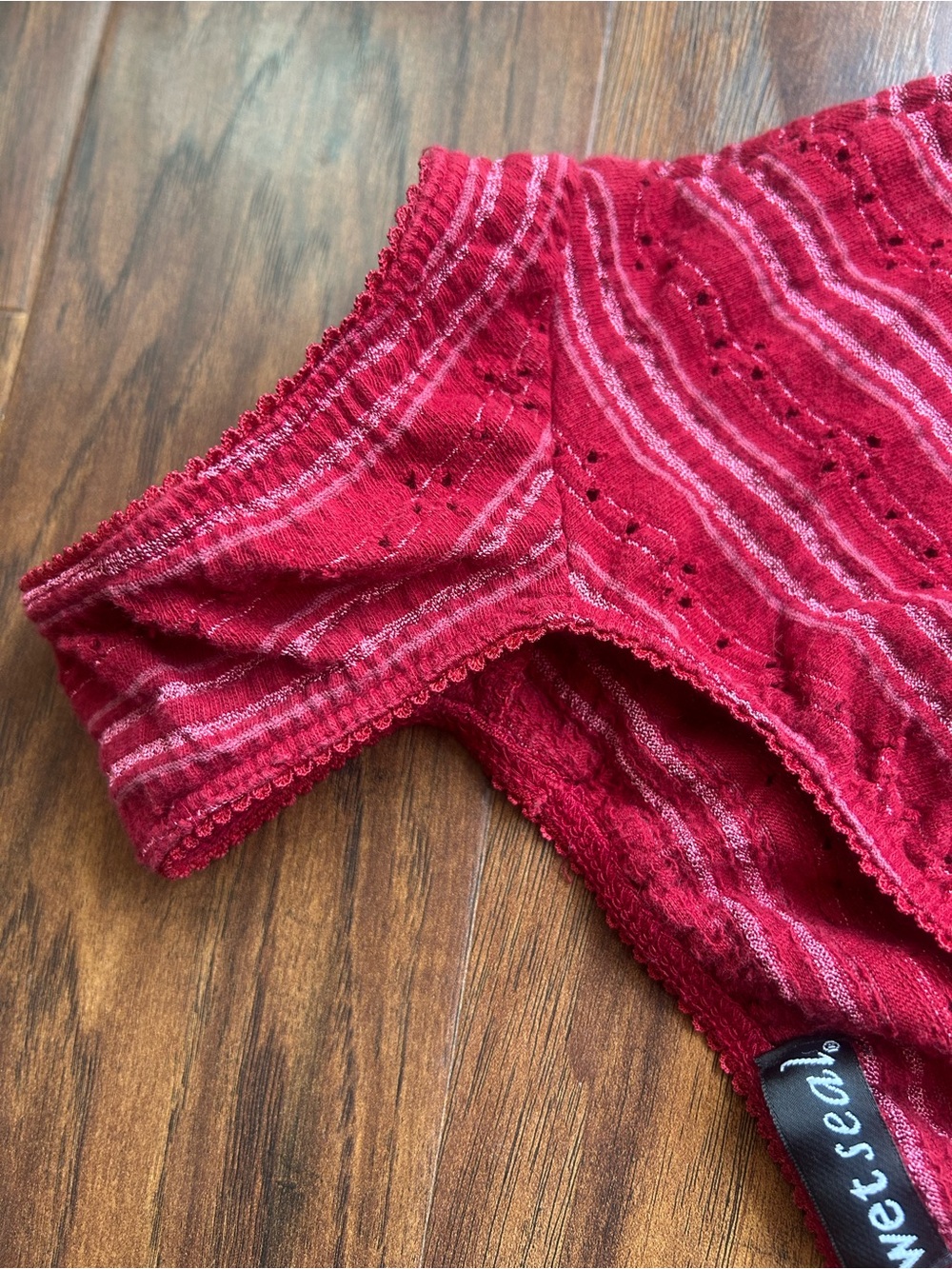 Wet Seal Vintage Red Babydoll top w/ stripes & embroidered florals • Small • Y2K - Picture 6 of 8
